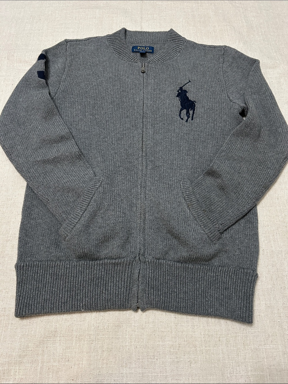 Polo by Ralph Lauren Cardigan Gray Full-Zip Knit Academia Preppy Large Navy Pony